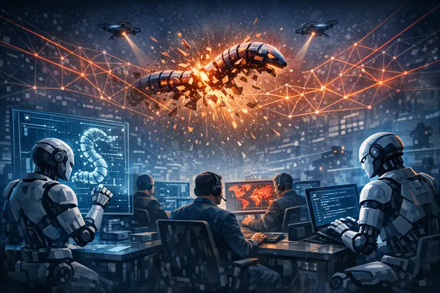 Digital illustration of the multi-channel command-and-control disruption of the Glassworm botnet, showing severed connections across Solana, BitTorrent, Google Calendar, and VPS ne
