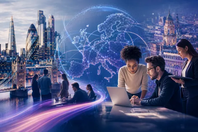 Illustration representing enterprise AI workforce training and European expansion after Multiverse funding