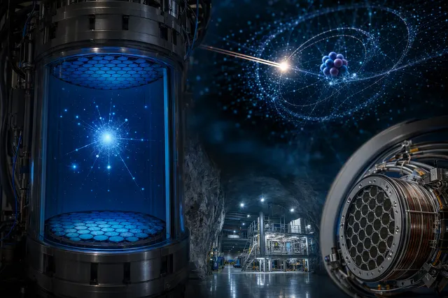 Editorial illustration of the LUX-ZEPLIN dark-matter search and a xenon nuclear-recoil event