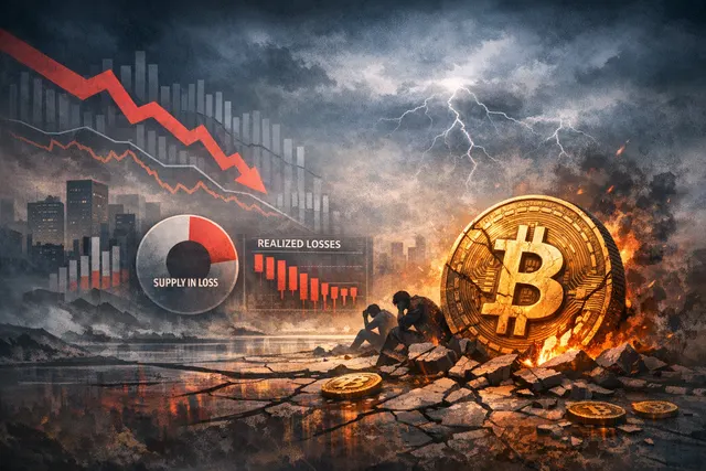 Visualization of Bitcoin's on-chain bear market stress, showing supply in loss and long-term holder capitulation levels surpassing the 2022 FTX crash