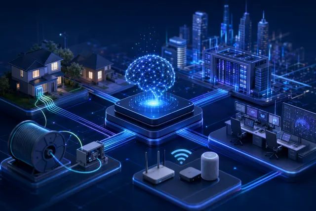 Illustration of AI agents coordinating fiber broadband, Wi-Fi and telecom network software platforms