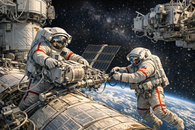 Artistic depiction of two Russian cosmonauts conducting a spacewalk outside the International Space Station, with Earth in the background.
