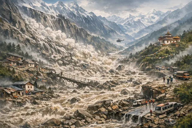AI-generated illustration of a debris-filled Himalayan flash flood sweeping through a mountain valley