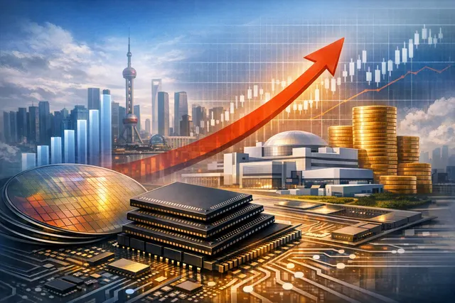 Editorial illustration of a Shanghai stock-market IPO for CCSH and YMTC’s NAND flash-memory business