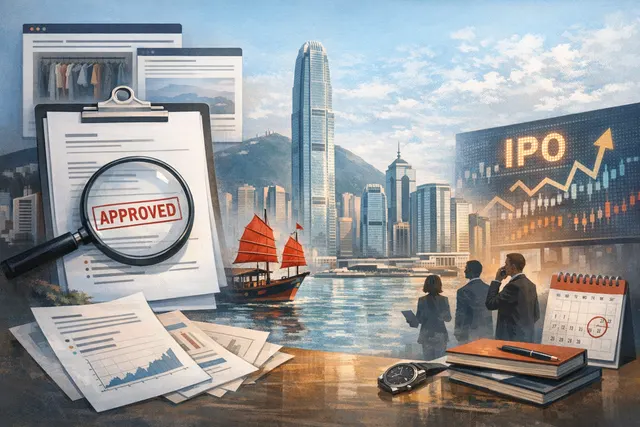 AI-generated editorial hero image: Shein logo with Hong Kong skyline and CSRC approval stamp, symbolizing the fast-fashion giant's pivot to a Hong Kong IPO after failed attempts in