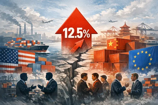Chinese and EU flags over a backdrop of shipping containers, representing the trade dispute with the US over proposed tariffs.