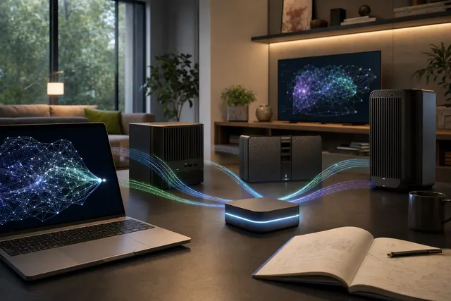 Illustration of Nvidia’s local AI strategy, including connected home computers and AI inference