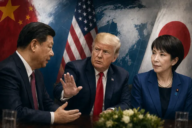 Editorial illustration of Donald Trump and Xi Jinping meeting during a Beijing summit focused on Taiwan, trade, and regional tensions
