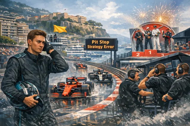 A dramatic Formula 1 scene from the Monaco Grand Prix showing two Mercedes cars in the pit lane with visible team radio confusion and penalty indicators, capturing the moment Georg