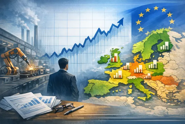 Eurozone factory floor with shipping containers and data charts overlay, representing the May 2026 manufacturing PMI slowdown and supply chain disruption