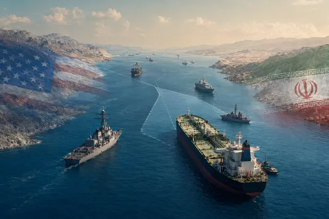 Tankers and cargo ships navigating a narrow Strait of Hormuz shipping lane under military pressure
