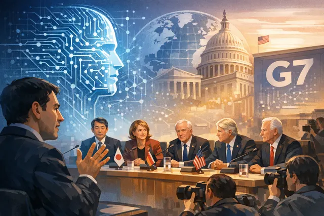 An AI-generated editorial hero image depicting the G7 summit in Évian-les-Bains with digital AI network overlays, symbolizing the intersection of geopolitics and advanced artificia