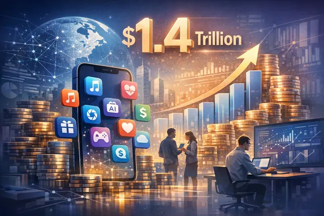 Illustration representing the App Store ecosystem's $1.4 trillion milestone with developer icons and growth charts.