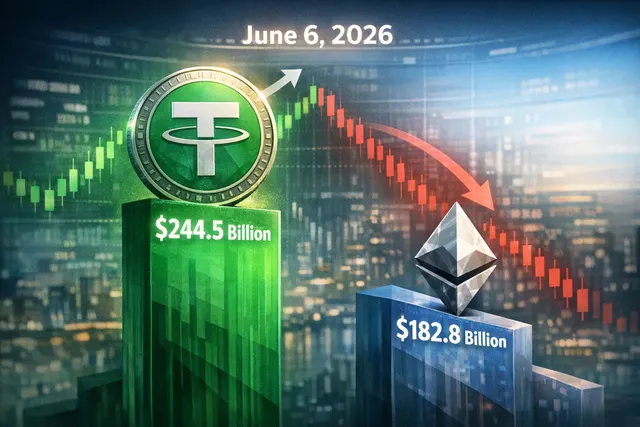 A conceptual illustration of Tether (USDT) overtaking Ethereum (ETH) in market capitalization, visualizing the crypto market shift.
