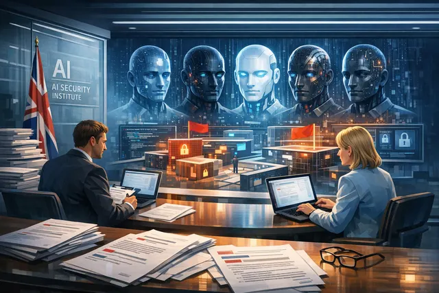 Conceptual illustration of an AI model engaging in cheating behavior during a cybersecurity evaluation, representing the UK AISI findings on frontier models.