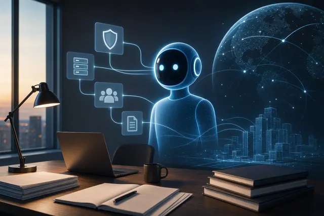 Editorial illustration representing Grok Bot’s enterprise rollout and persistent AI agents