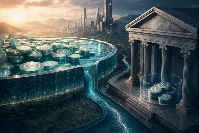 Editorial illustration representing stablecoins deposited in decentralized finance lending markets