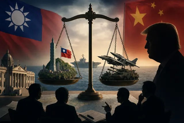 Illustration representing U.S.–Taiwan arms sales debate and geopolitical tensions involving China