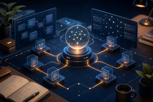 Illustration of parallel AI coding agents coordinated within a software project