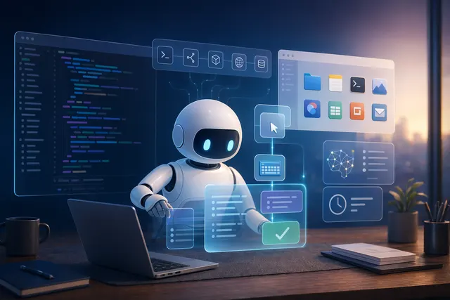 AI-generated illustration of Codex operating desktop apps across a computer workspace