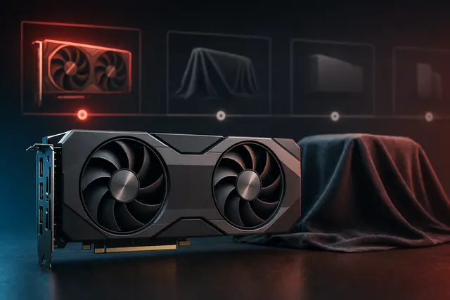 Stylized desktop graphics card representing AMD Radeon RX 9050 rumors and a thin 2026 GPU roadmap