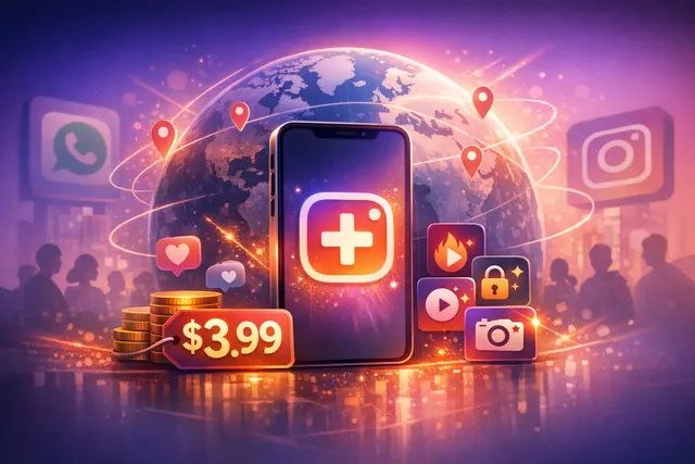 Instagram Plus logo on a smartphone screen with a premium, glowing interface and a stylized $3.99 price tag.