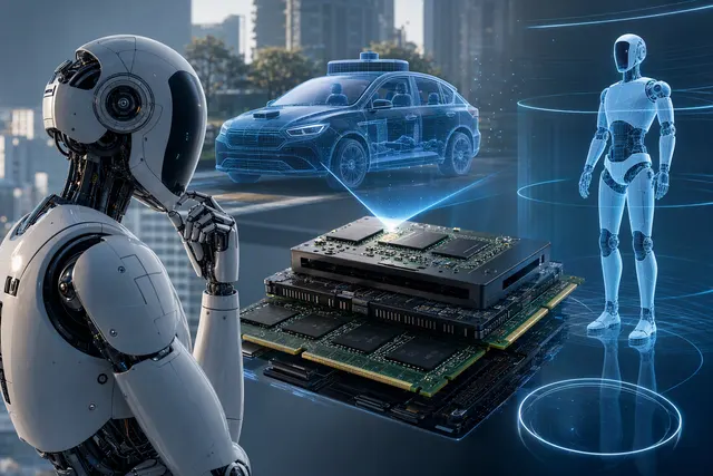 Illustration of a humanoid robot and memory hardware, representing estimates for robot DRAM and storage.