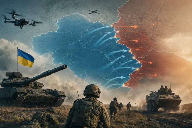 Editorial illustration of the shifting battlefield momentum in Russia’s war against Ukraine