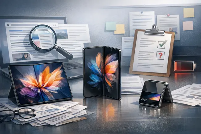 Three Samsung Galaxy Z Fold8 series foldable smartphones on a futuristic display table, showcasing the Fold8, Fold8 Ultra, and Z Flip8