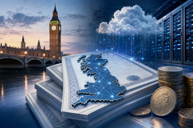 Editorial illustration representing Amazon’s debut sterling bond sale and AI infrastructure financing