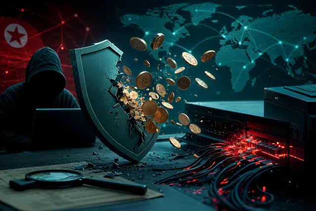 Illustration of a cryptocurrency exchange breach and investigators tracing digital-asset transfers