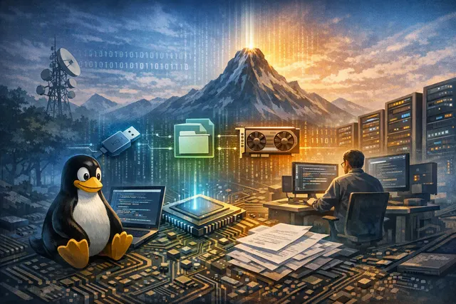 Abstract illustration of Linux kernel code, AMD graphics registers, and connected computer hardware