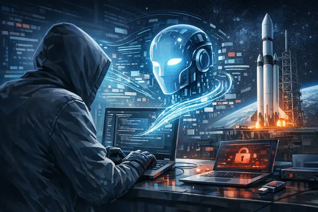 Illustration of an AI coding agent being manipulated during a ransomware cyberattack