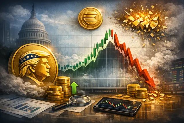 Illustration of the TRUMP memecoin price rising and reversing beside a collapsing gold cryptocurrency chart
