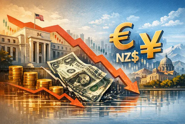 Illustration of the US dollar weakening against the yen, euro, pound and New Zealand dollar as markets anticipate a Federal Reserve rate cut