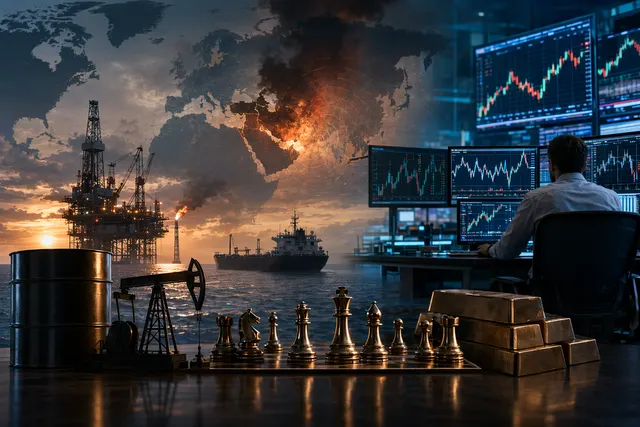 Oil tankers near a shipping lane with price-chart overlays, illustrating Iran-war crude volatility.