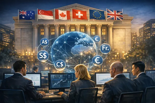 Coinbase and Standard Chartered partnership visualization showing institutional fiat payment rails connecting a global bank building to a crypto exchange platform