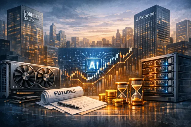 Futuristic visualization of GPU chips being traded as financial commodities on a Wall Street exchange floor.