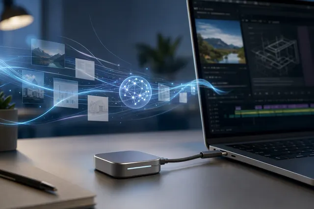 Illustration of Violoop V4, a compact screen-aware AI device connected to a desktop computer