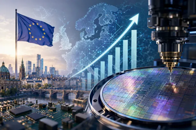 Illustration of semiconductor chips and AI data center hardware representing European semiconductor sector growth