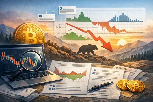 Bitcoin price chart with on-chain data overlays showing UTXO profit/loss ratio hitting a cycle low in late June 2026