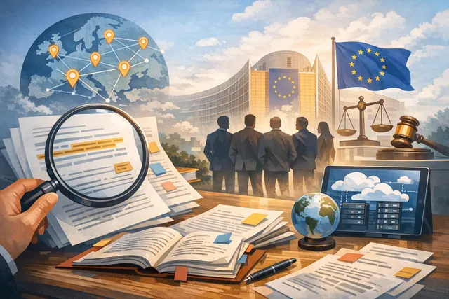 Abstract illustration of a gavel and European Union flag, representing EU antitrust intervention into Broadcom's VMware practices.