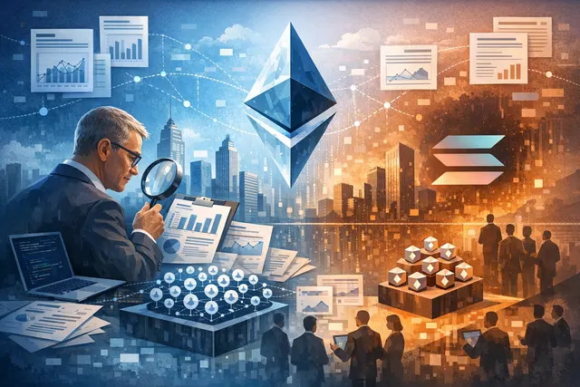 Digital illustration showing Ethereum and Solana blockchain nodes, with Ethereum's larger validator network depicted as a dense cluster of green nodes.