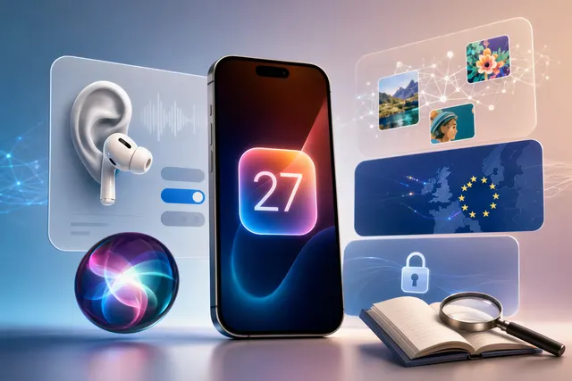 Concept illustration representing Apple iOS 27 with Siri chatbot, Genmoji AI features, and iPhone interface updates