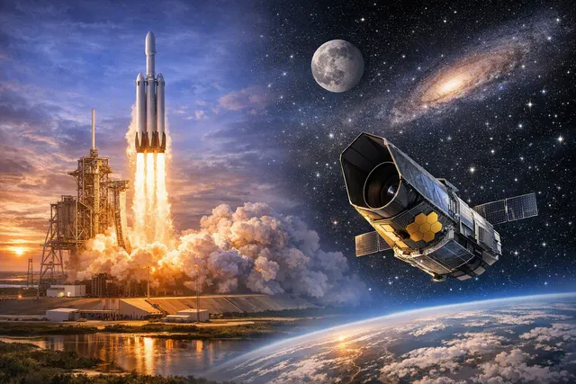 Artistically rendered Nancy Grace Roman Space Telescope launching on a SpaceX Falcon Heavy toward the distant universe
