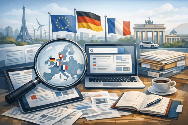 AI-generated illustration of a Waymo autonomous vehicle in a European cityscape, symbolizing the company's corporate registrations in Germany, France, and Spain.