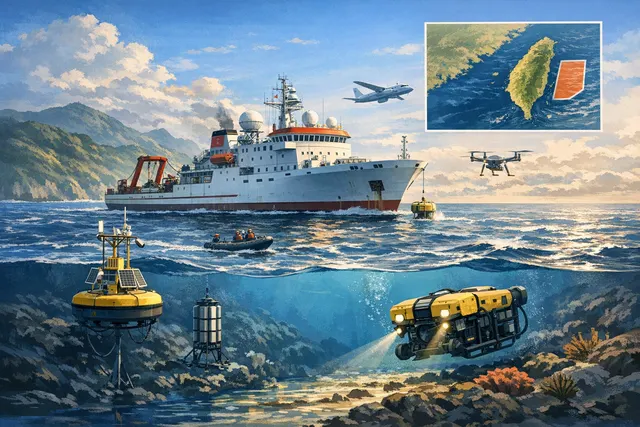 A Chinese research vessel at sea, representing the Xiangyanghong 22 (Marine Geology No. 6) deployed for the marine environmental survey east of Taiwan in June 2026.