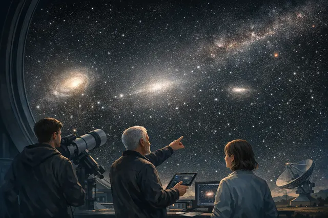 Artistic rendering of a linear trail of faint dwarf galaxies formed after a bullet dwarf collision, illustrating the separation of dark matter from ordinary stellar matter.