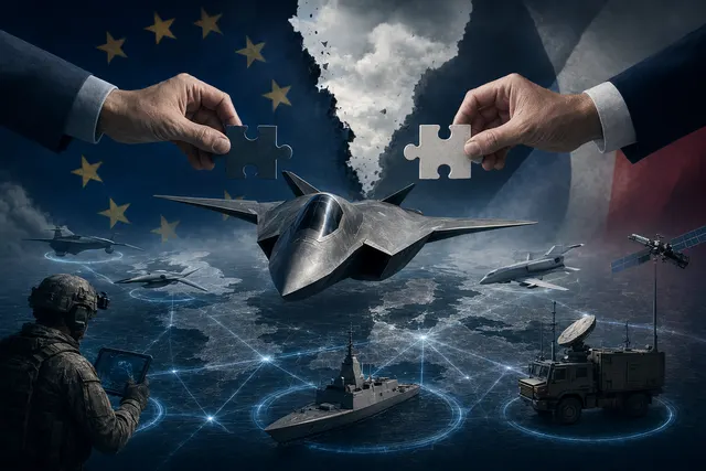 Conceptual illustration of Europe’s Future Combat Air System showing a sixth‑generation fighter linked with drones in a networked battlespace