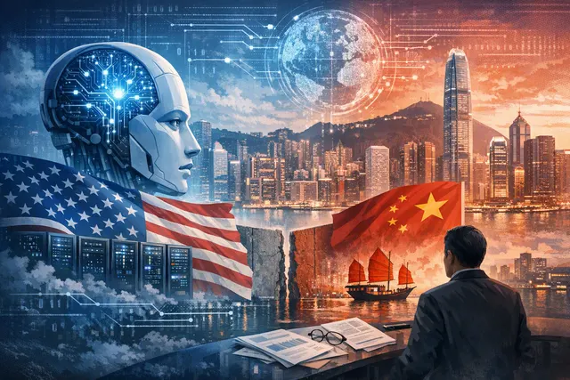 A conceptual image of Hong Kong's skyline with digital overlays representing AI geopolitics, featuring glowing financial district buildings and network lines.